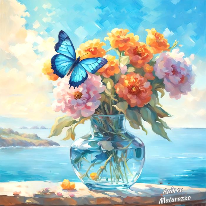 Natura morta con vaso di fiori e farfalla, opera di Andrea Matarazzo